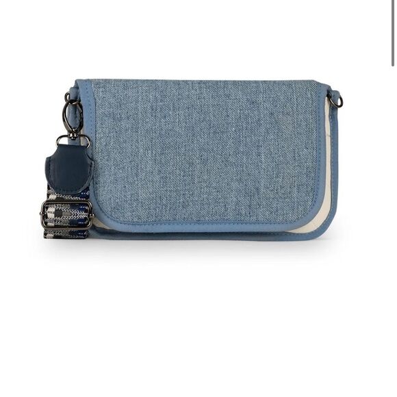Stylish Blue Denim Crossbody Bag Small Wallet on Chain - NWT White Vegan Leather - Picture 9 of 9